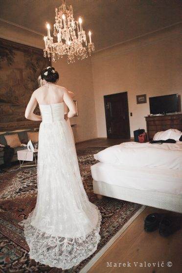 bride getting ready - long creamy dress