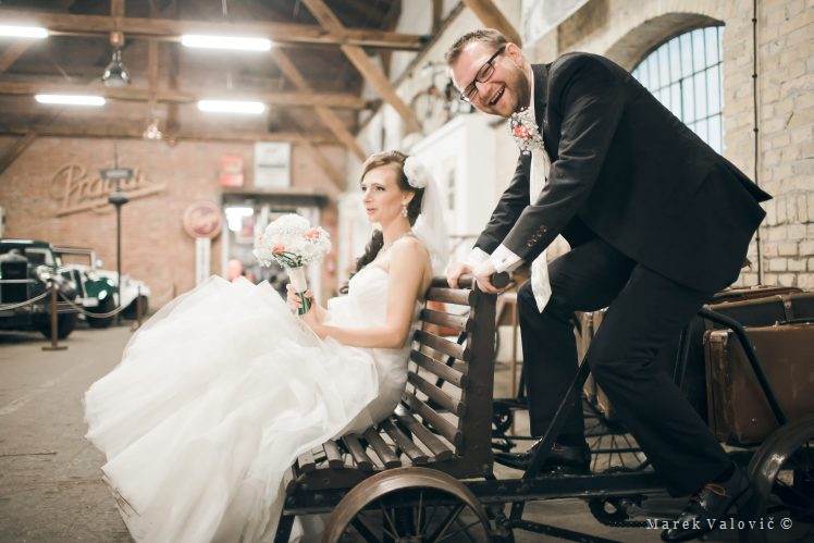 bride and groom on trolley